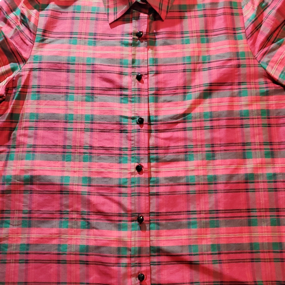 Appleseeds 100% Silk Size 16 Womens Button Up Red and Green Plaid Shirt - Picture 8 of 16